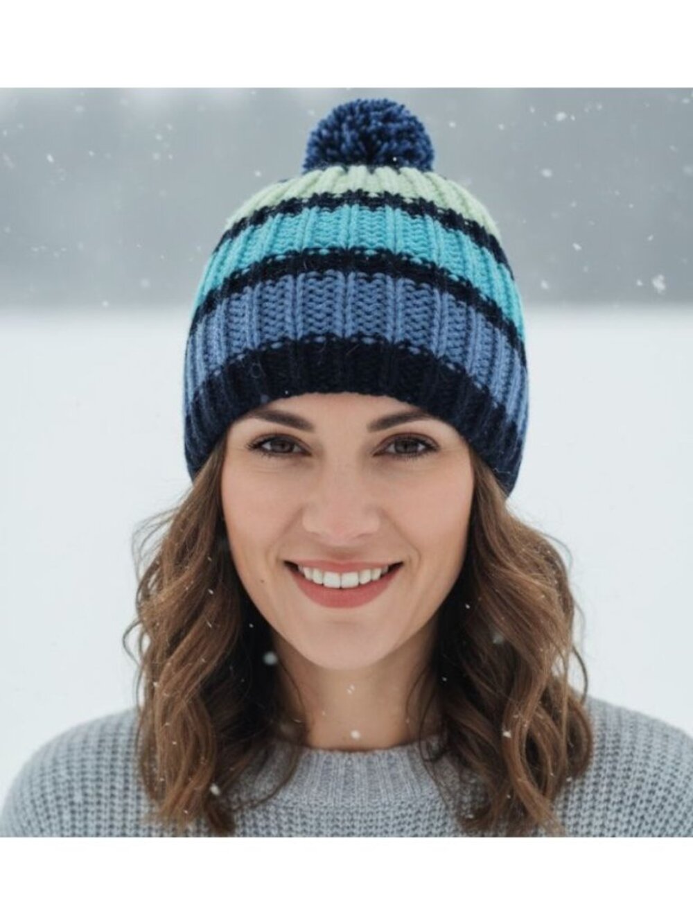 ⭐Unisex Handmade Chunky Knit Pom Beanie Blue Striped Winter Warm Soft Cozy Hat
